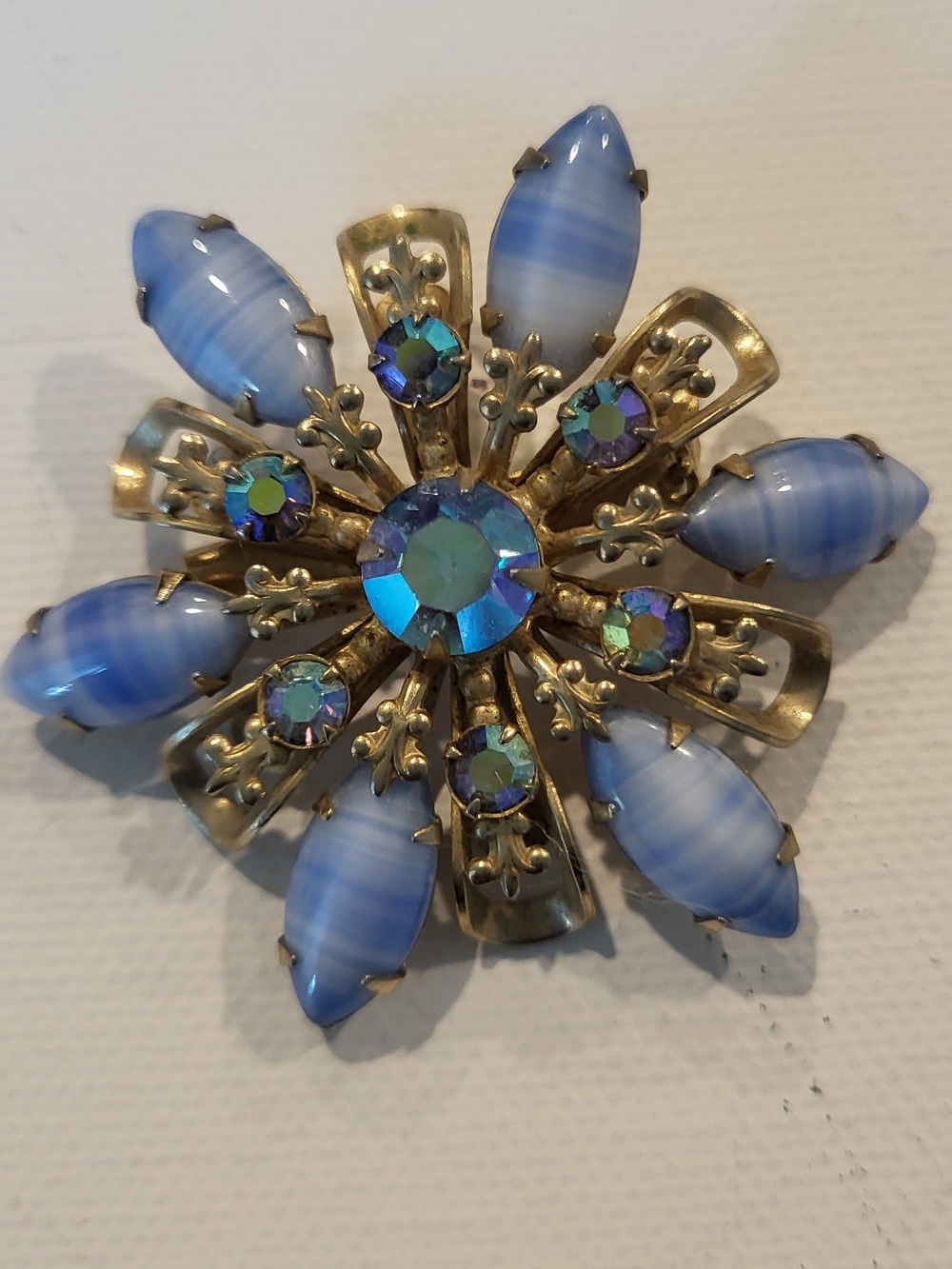 Vintage Blue Glass Floral Crystal AB  Brooch